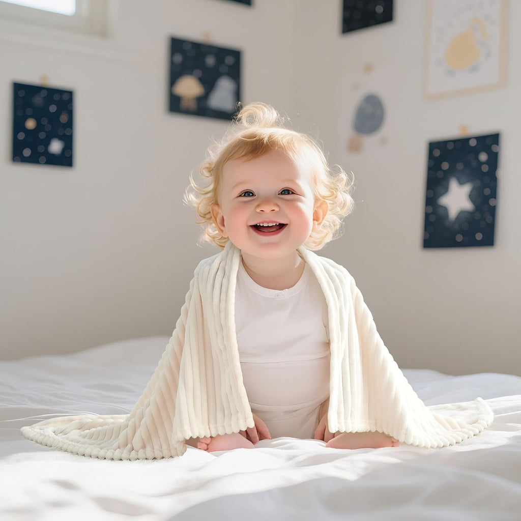 Skiennix Soft Fleece Baby Blanket - Ultra Cozy & Lightweight Reversible Stripes | 30x40 Inch, Cream