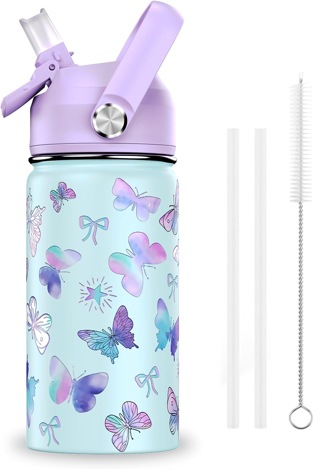 Skiennix 14oz Kids Insulated Water Bottle - Leak-Proof Double Wall Stainless Steel Tumbler (Butterfly)