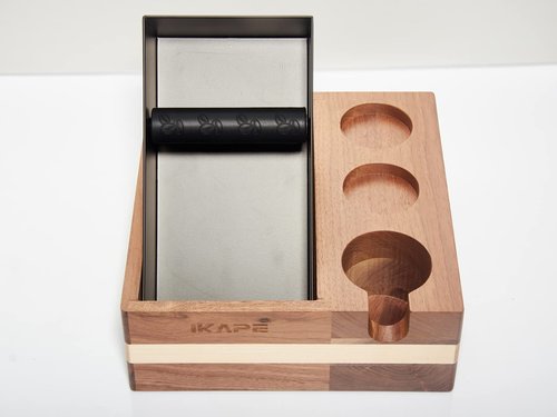 IKAPE 54mm 4-in-1 Espresso Knock Box & Tamping Station, 51mm 53mm 54 mm Natural Mahogany Accessory Organizer Base