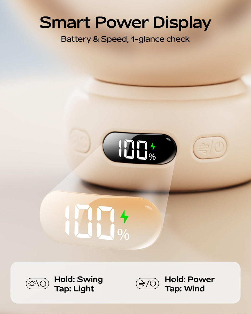 Skiennix Mini Portable Stroller Fan - 60° Auto Oscillation, USB-C Rechargeable, 4 Speeds, Night Light & Tripod (Brown)