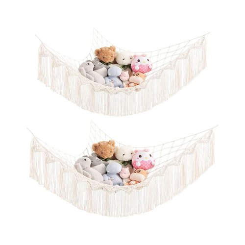 Mkono Stuffed Animal Hammock Corner Macrame Toy Storage Organizer with Tassels Boho Hanging Stuff Animals Net Large Capability Toys Display Holder for Nursery Kid Room Playroom, 2 Pieces