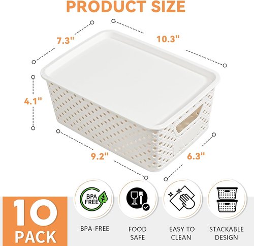 10 Pack Plastic Storage Bins - Stackable Organizing Baskets with Lids & Handles for Home & Craft