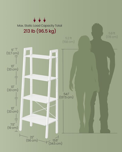 VASAGLE Ladder Shelf, 4-Tier Bookshelf, Storage Rack, Bookcase with Steel Frame, for Living Room, Home Office, Kitchen, Bedroom, Industrial Style, Maple White and Pearl White ULLS044W44