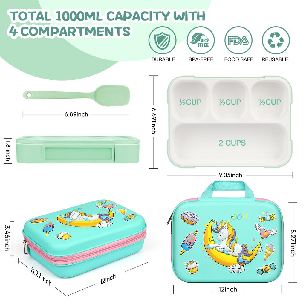 30Pcs Bento Box for Girls,Insulated Unique Lunch Bag Set 4 Compartments Lunch Box with Accessories Ice Pack Water Bottle Silicon Cap Spoon Fork Salad Container for Lunch Kids School Supplie,Green