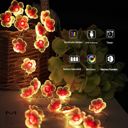 2 Pack Battery Operated String Lights Indoor, 13ft Cherry Blossom Bedroom Lights, Color Changing Flower Lights Decorative for Room Dressing Table Dorm Party Easter Girl Mom Gift Wedding Christmas