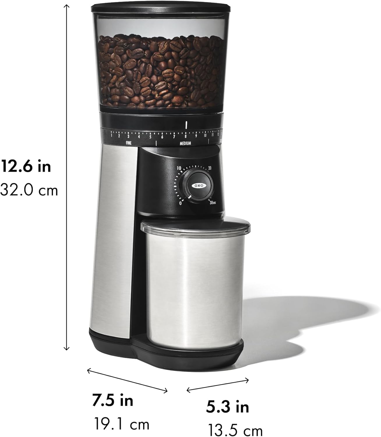 OXO Brew Conical Burr Coffee Grinder - One-Touch Automatic Grind, Silver Stainless Steel Design