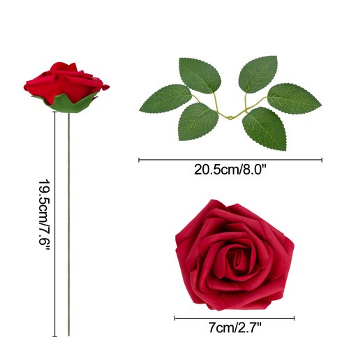 NONMON 100pcs Artificial Flowers Dark Red Rose Real Looking Fake Foam Roses with Stem for Valentine's Day DIY Wedding Bouquets Bridal Shower Centerpieces Arrangements Party Home Decorations