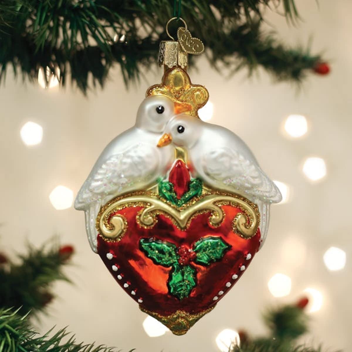 Old World Christmas Two Turtle Doves Glass Blown Ornament for Christmas Tree, Handcrafted Holiday Decoration, Wildlife Animal Collection