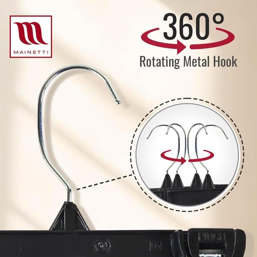 Mainetti Black Plastic Children's Hangers - 20 Pack with Rotating Metal Hooks & Non-Slip Clips | 8 Inch