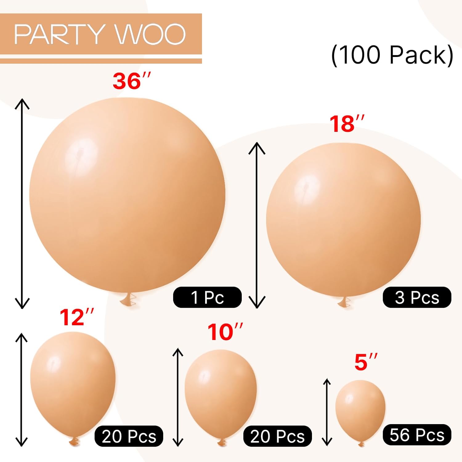 PartyWoo Nude Balloons - 100 Pcs Beige & Apricot Balloon Arch Kit | 5-36 Inch Sizes for Events
