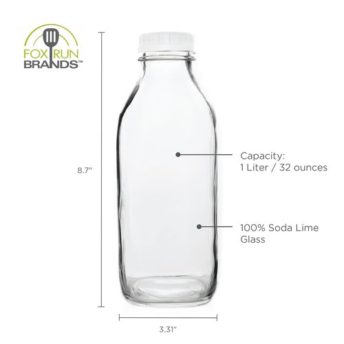 Fox Run Glass Classic Milk Bottle With Lid, 32 oz or 1 Quart Capacity