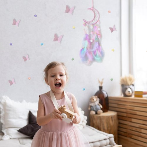 Fun-Plus Pink Dream Catcher Wall Hanging Set - 10 Butterflies & 16 Stars, Boho Room Decor for Girls, Easy Peel & Stick Wall Art for Bedroom, Nursery, Teen Room for Daughter, Birthday, Christmas