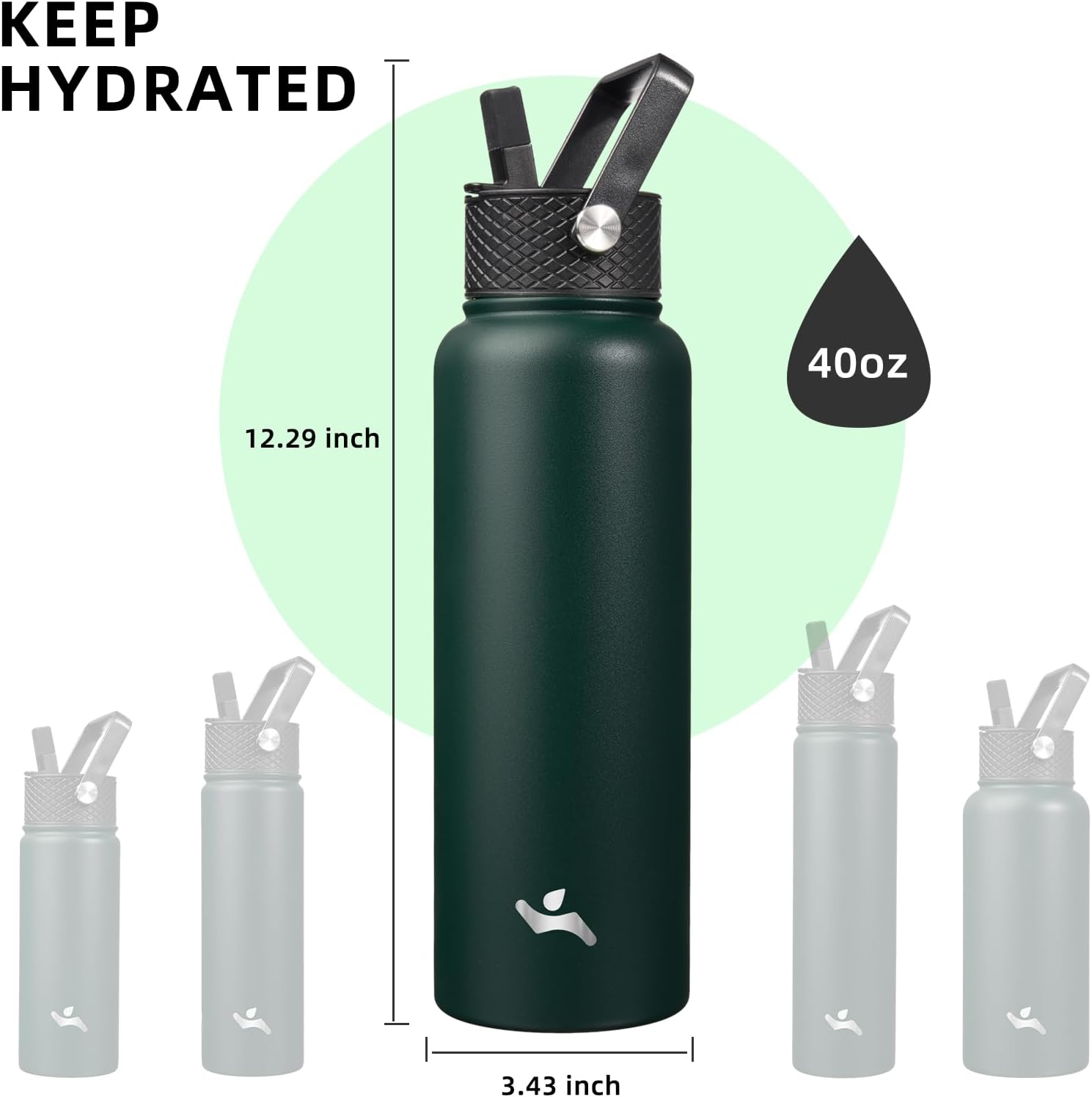 Skiennix 40oz Insulated Water Bottle - Durable Stainless Steel | 3 Lids, Army Green Color