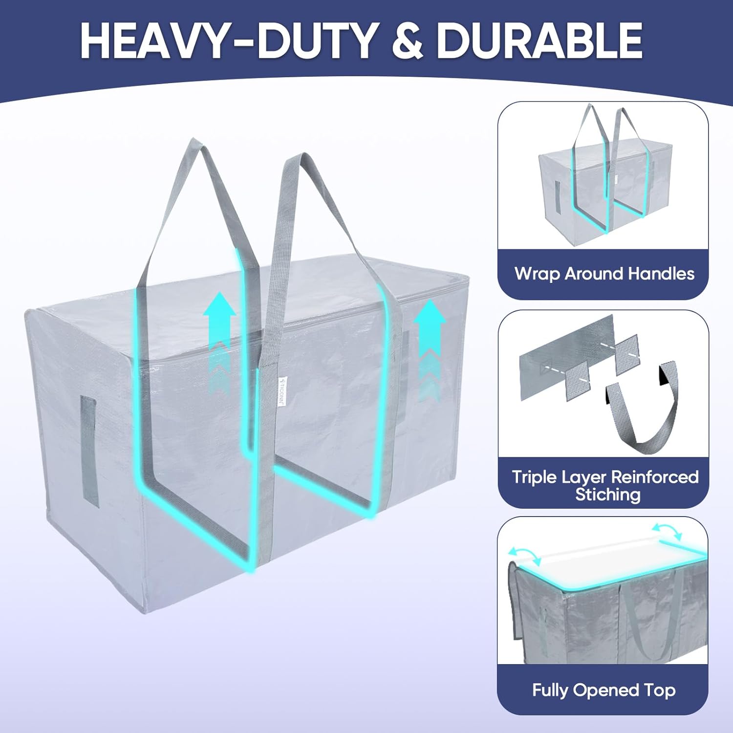 TICONN Extra Large Heavy-Duty Moving Bags - Durable Storage with Zippers & Handles | 6 Pack, Light Grey
