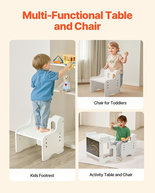 VEVOR Montessori Weaning Table and Chair Set, 3 in 1 Wooden Toddler Table and Chairs with Chalkboard, Adjustable Height Montessori Table for Ages 1-5, Ideal for Drawing, Reading, Eating - White
