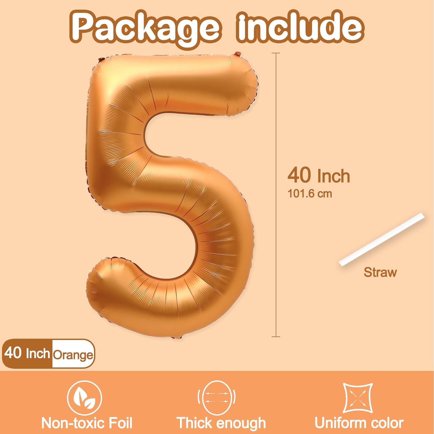 Number 5 Balloon - 40 Inch Orange Foil Balloon for Birthday Party, Graduation & Celebrations