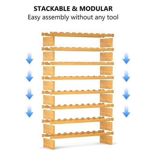 Bambition Bamboo Wine Rack Stackable, 8-Tier 72 Bottles Large Capacity, Modular Wine Storage Rack Free Standing, Floor Wine Display Shelf