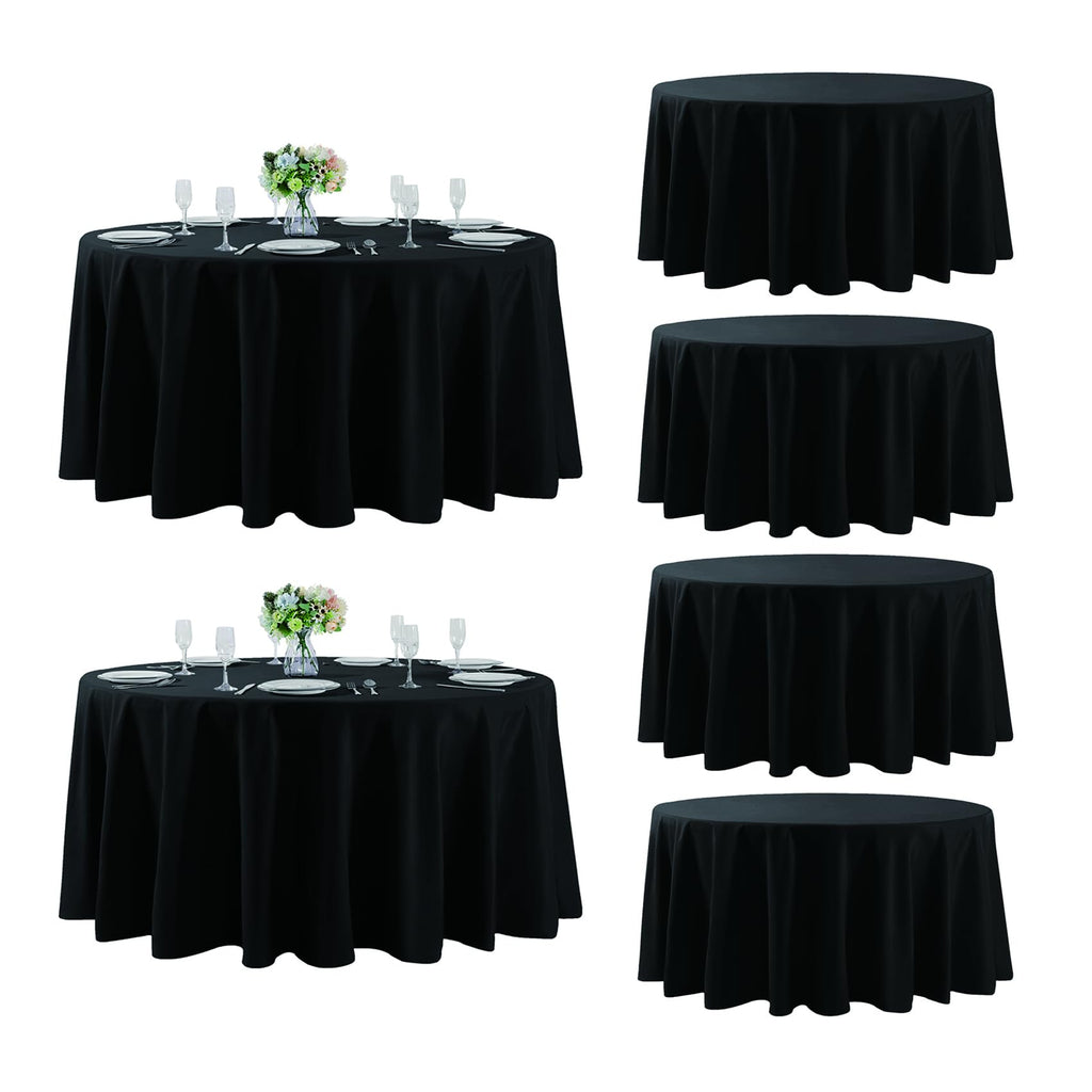 Fokitut 6 Pack Round Tablecloth, 108 Inch, Stain Resistant and Wrinkle Polyester Table Cloth, Fabric Table Cover for Kitchen Dining, Wedding, Party, Holiday Dinner-Black