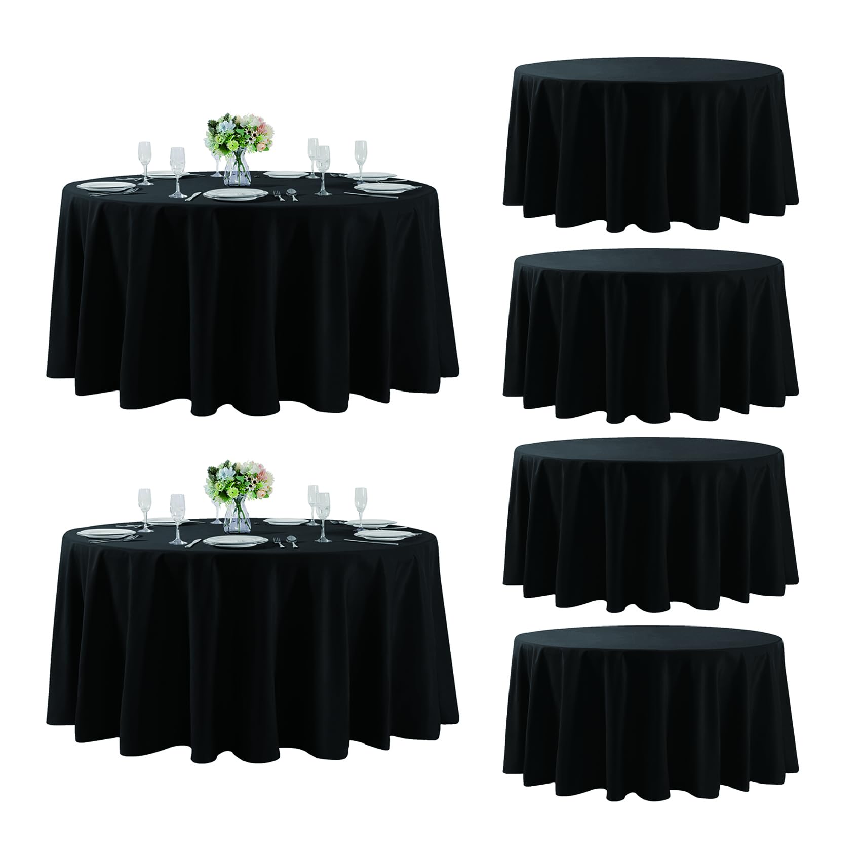 Fokitut 6 Pack Round Tablecloth, 108 Inch, Stain Resistant and Wrinkle Polyester Table Cloth, Fabric Table Cover for Kitchen Dining, Wedding, Party, Holiday Dinner-Black