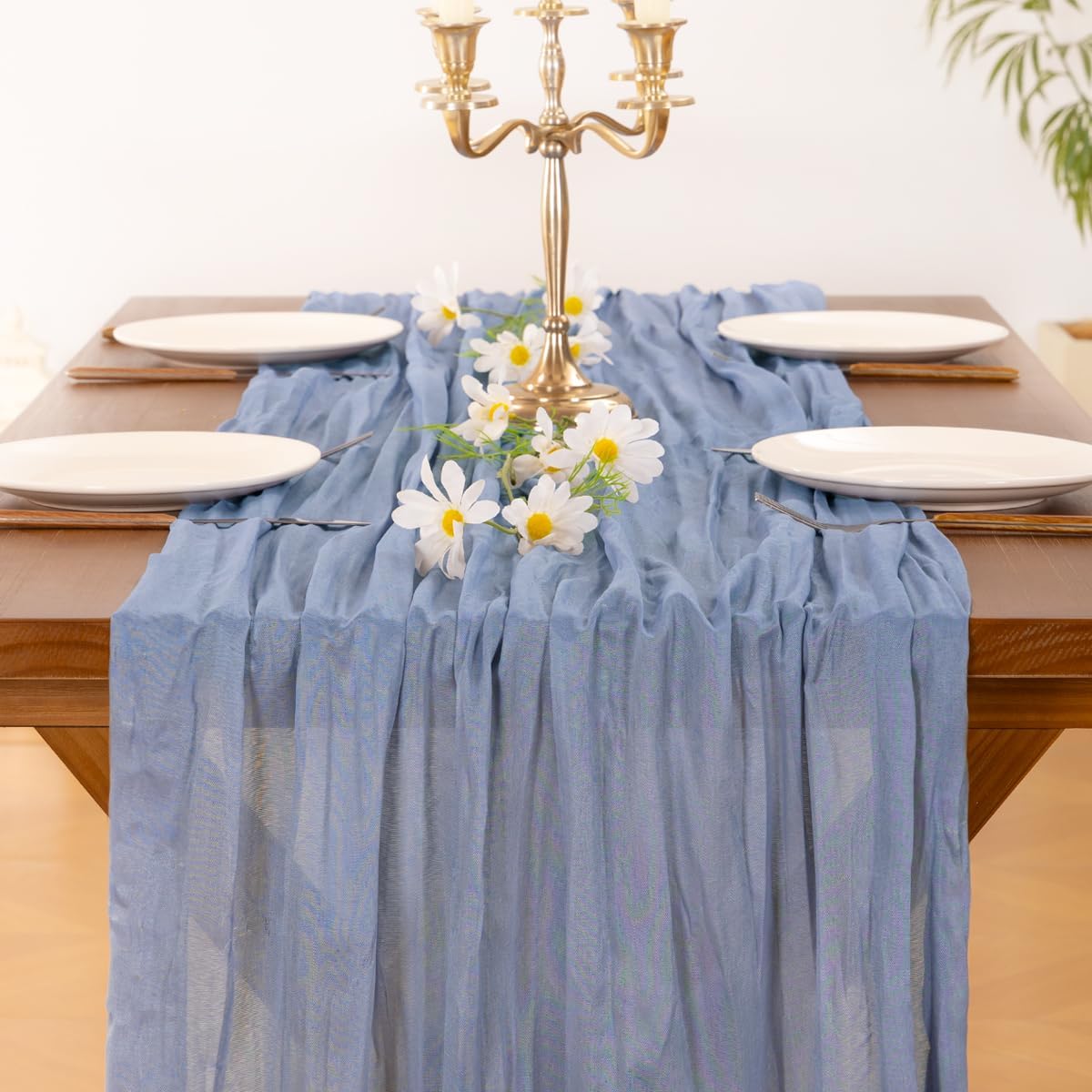 Socomi Cheesecloth Table Runner - 120 Inch Dusty Blue Boho Rustic Decor for Weddings & Events