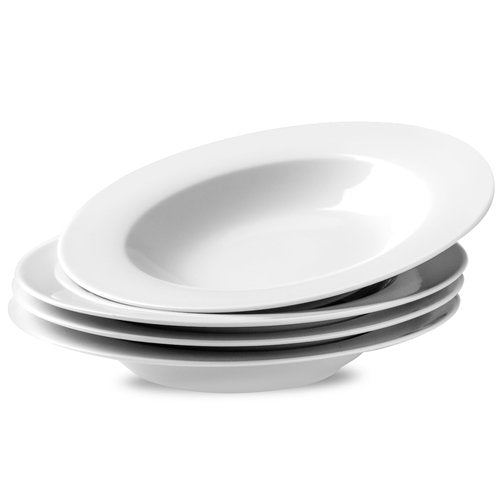 Ceramic Soup Bowls Shallow Plates, Valentine 4 Pack White Dinner Bowls Plates, Porcelain Wide Rim, 8.5 Inch (8.5 oz) Shallow Bowls Ideal for Soup Dessert Salad and Pasta, Microwave and Dishwasher Safe