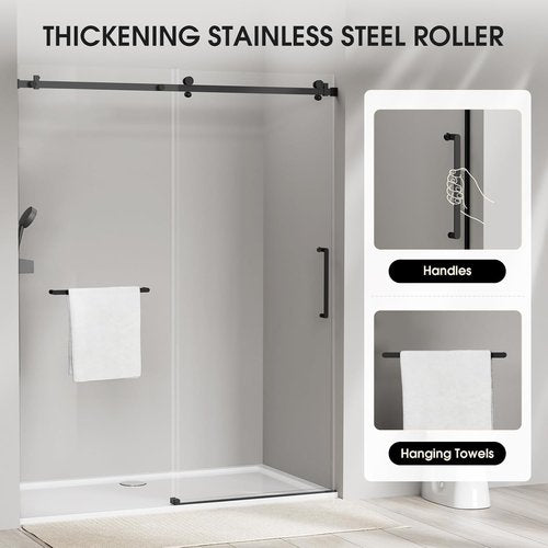 Frameless Glass Shower Door - 5/16'' (8mm) Sliding Design | 56-60 in. W x 75 in. H | SGCC Tempered Glass, Matte Black