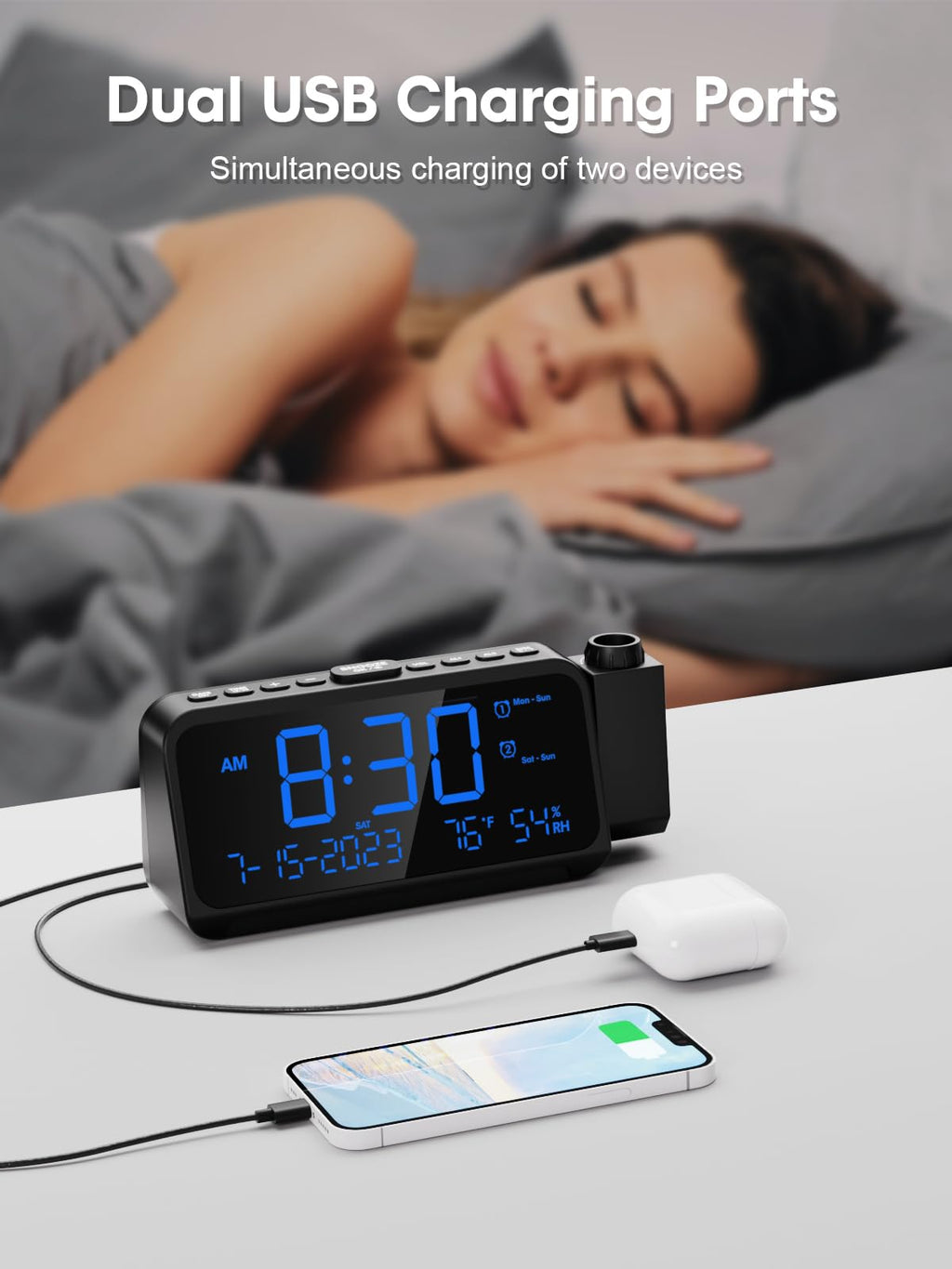 ROCAM Projection Alarm Clock for Bedroom Ceiling, Digital Clock with 180° Projector with 5-Level Dimmer, Dual Loud Alarm with Weekend/Weekday Mode, Date, Temp, Humidity, Night Light, DST, Snooze