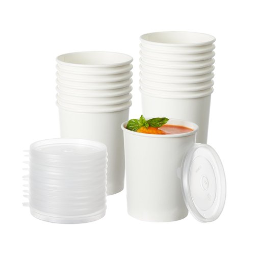 DealbyBox Disposable Kraft Paper Soup Cups with Lids, Paper Food Containers, Ice Cream Cups, To Go Bowls for Hot and Cold Food Combo Pack (250 Sets) (White with PP Lid, 32oz)