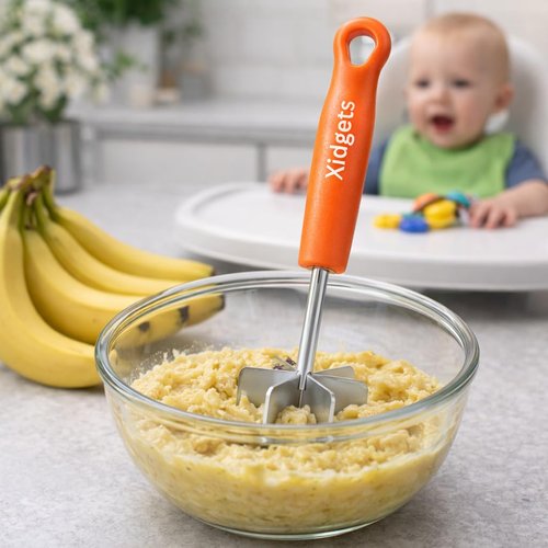 Mini Stainless Steel Meat Masher, Small Ground Beef Chopper, Mini-sized Pastry Dough Blender & Crumble Maker. Mini Meat Masher and pastry tool by Xidgets (Retro Orange)