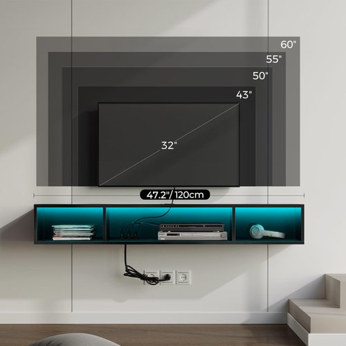 Rolanstar TV Stand with Power Outlet, Floating TV Stand with RGB Lights, 55.1" Wall Mounted TV Shelf, Glossy Black Media Console with Storage Shelf, Entertainment Under TV for Living Room, Bedroom