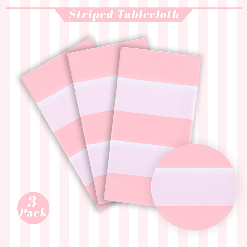 Kesfey 3 Packs Pink and White Vertical Striped Tablecloth 54 x 108 Inch Pink Stripe Table Cloths Disposable Plastic Stripe Table Covers Waterproof Pink Striped Picnic Table Cover for Birthday Party