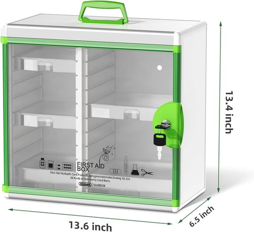 Glosen Locking Medicine Cabinet - Wall Mounted Portable Storage Container | Green 13.6 x 13.4 x 6.5 Inch