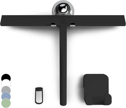 GÜTEWERK Silicone Shower Squeegee - Streak-Free Glass & Mirror Cleaner | 13-Inch, Black, No-Drill Mount