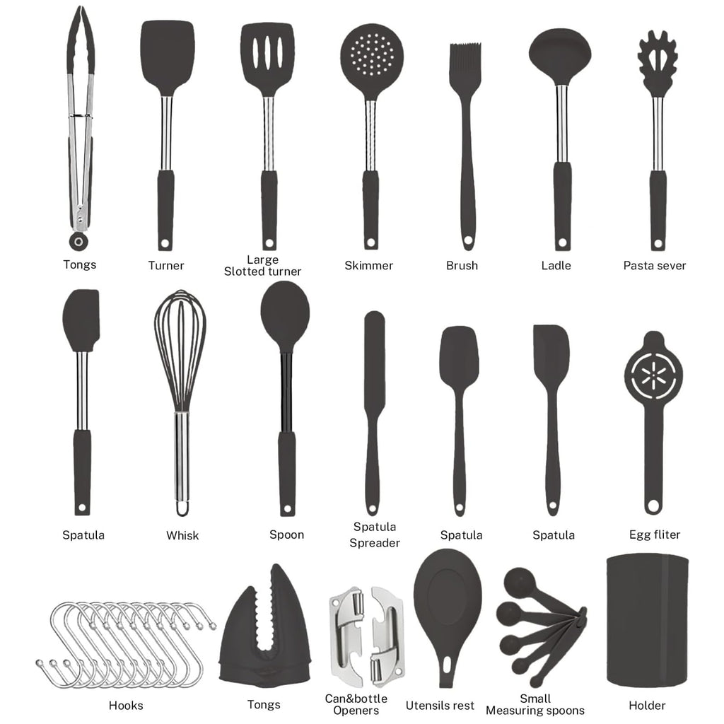 Silicone Kitchen Cooking Utensils Set with Stainless Steel Handle, Spatula Set Utensil Set, Cooking Utensil Set,Kitchen Tools Gadgets for Nonstick Cookware (35, Black)