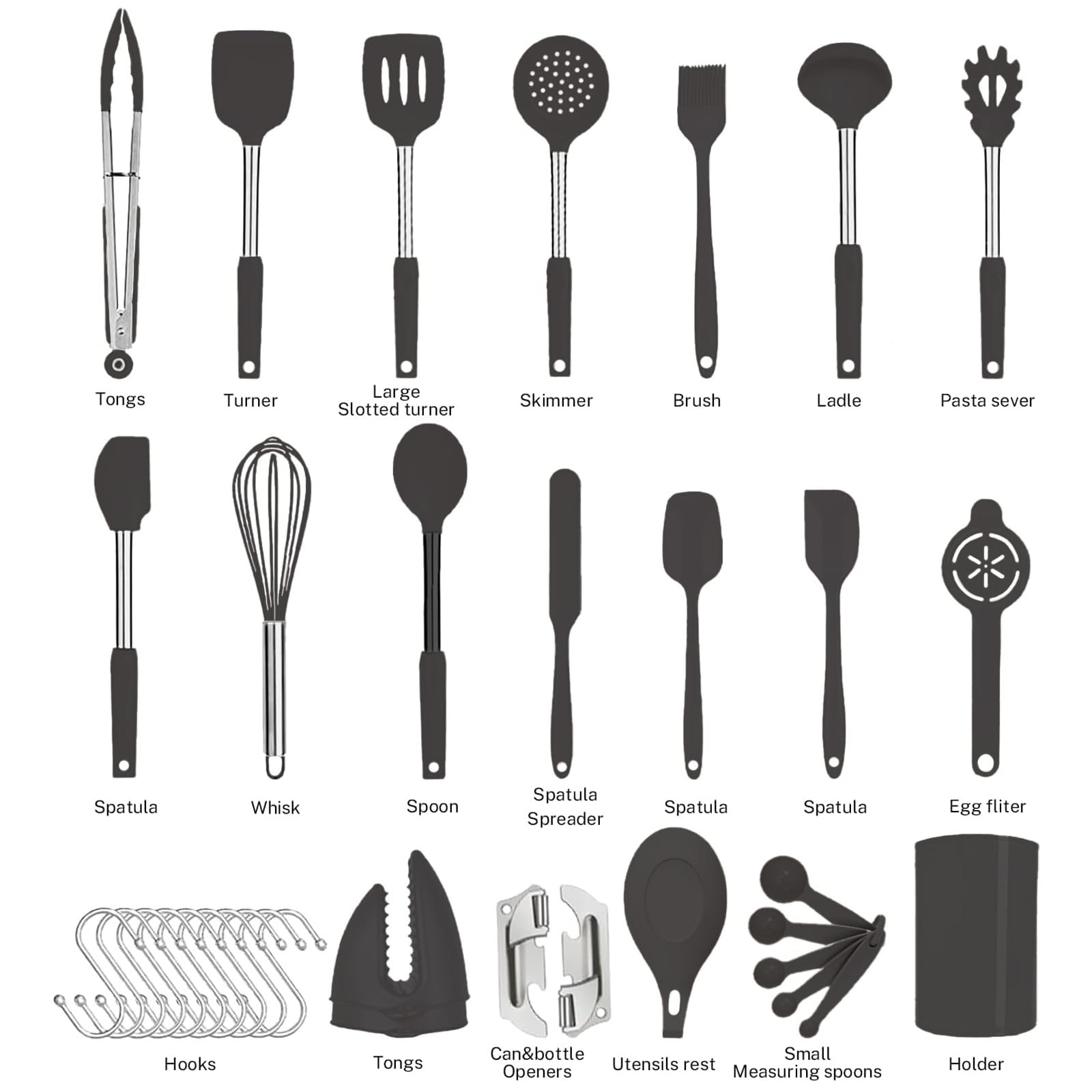 Silicone Kitchen Cooking Utensils Set with Stainless Steel Handle, Spatula Set Utensil Set, Cooking Utensil Set,Kitchen Tools Gadgets for Nonstick Cookware (35, Black)