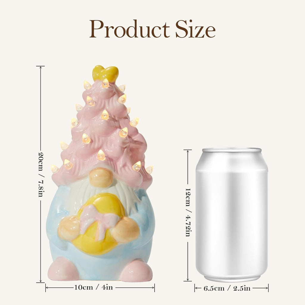 WDS Wondrous Lighted Gnome Figurine - Ceramic LED Easter Decor with Pink Hair & Egg | Spring Table Centerpiece