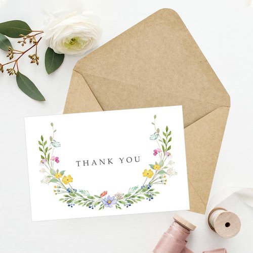 Hidreas 48 Pack Floral Thank You Cards with Envelopes, Watercolor Wildflower Thank You Notes with Kraft Envelopes Sticker for Birthday Wedding Baby Shower Bridal Shower Teachers Graduation, 4 x 6 Inch
