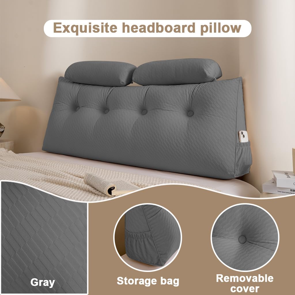 Velvet Triangular Headboard Wedge Pillow with Roll Pillow,Removable Cover Headboard Pillow Daybed Bunk Bed,Backrest Positioning Support Pillow Resting Reading Relaxing (Gray, Twin(39 * 20 * 8in))