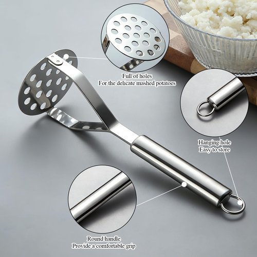 Homquen Stainless Steel Potato Masher, Sturdy Mashed Potato Masher, Potato Ricer, Masher Kitchen Tools for Vegetables&Fruit, Dishwasher Safe (9.84inch)