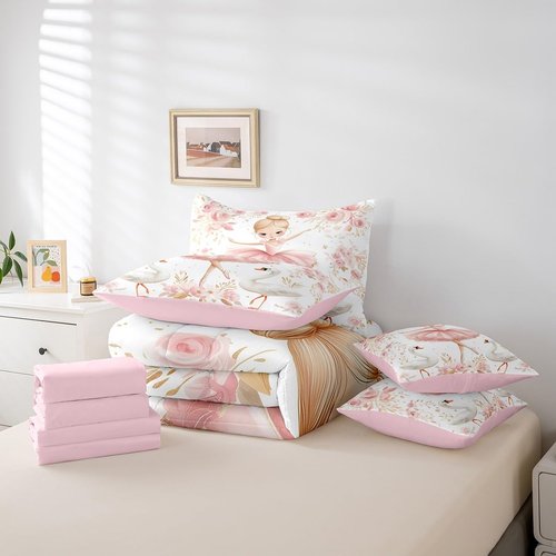 7 Pieces Ballerina Girl Comforter Set Queen Size, White Swan Bedding Set for Kids Girl Princess Room Decor, Pink Flower Print Bed in a Bag with Comforter, Fitted Sheet, Flat Sheet and Pillowcases