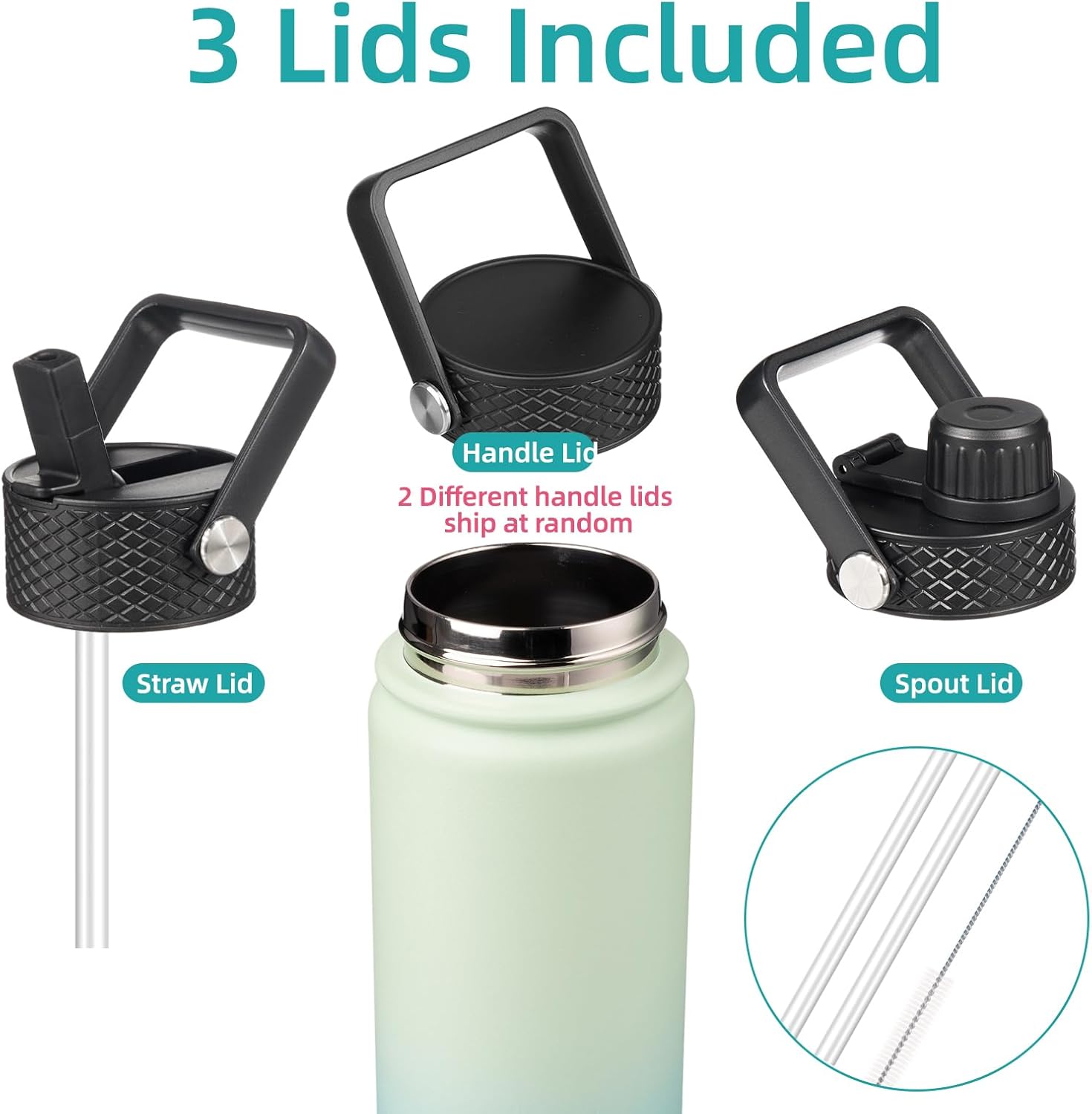 Skiennix 22oz Stainless Steel Water Bottle - Insulated with 3 Lids | Mint Color