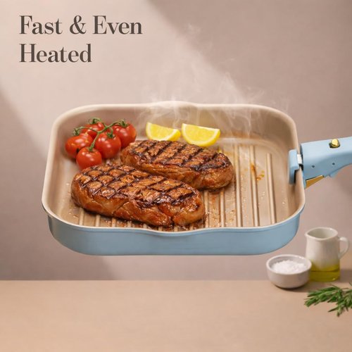 CAROTE 10 Inch Titanium Reinforced Nonstick Grill Pans for Steak, Non-Stick Grill Pans Sets with Detachable Handle, PFOS, PFOA Free, Gas & Induction Safe, All Stovetops Compatible, Blue