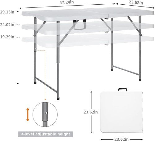 Lakhow Folding Table - 4-Foot Heavy Duty Plastic Utility Table | Portable & Adjustable Height for Indoor/Outdoor Use - White