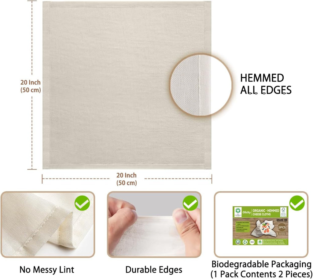 Organic Cheese Cloths - GOTS Certified 100% Cotton Muslin | 2PCS 20x20 Inch Reusable Fine Mesh for Straining