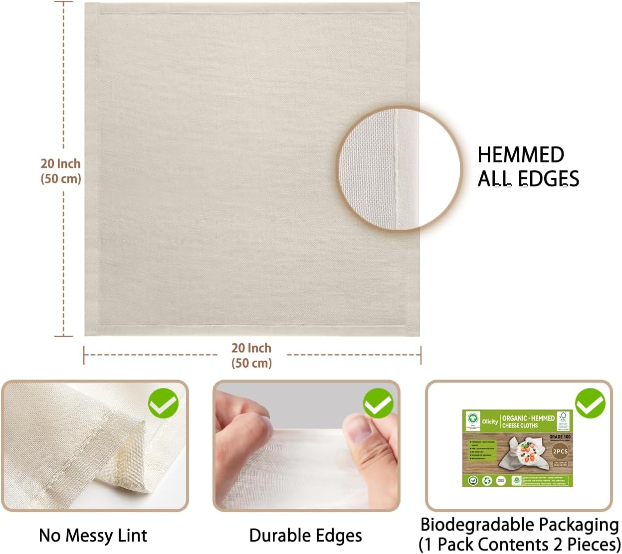 Organic Cheese Cloths - GOTS Certified 100% Cotton Muslin | 2PCS 20x20 Inch Reusable Fine Mesh for Straining