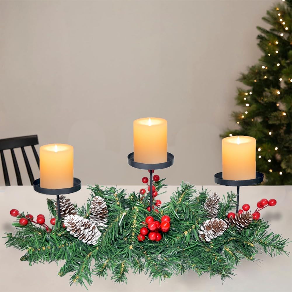 Regine Switzerland Christmas Table Centerpiece - 21.7" Candle Holders with Iron Trays & Red Berries | Holiday Home Decor