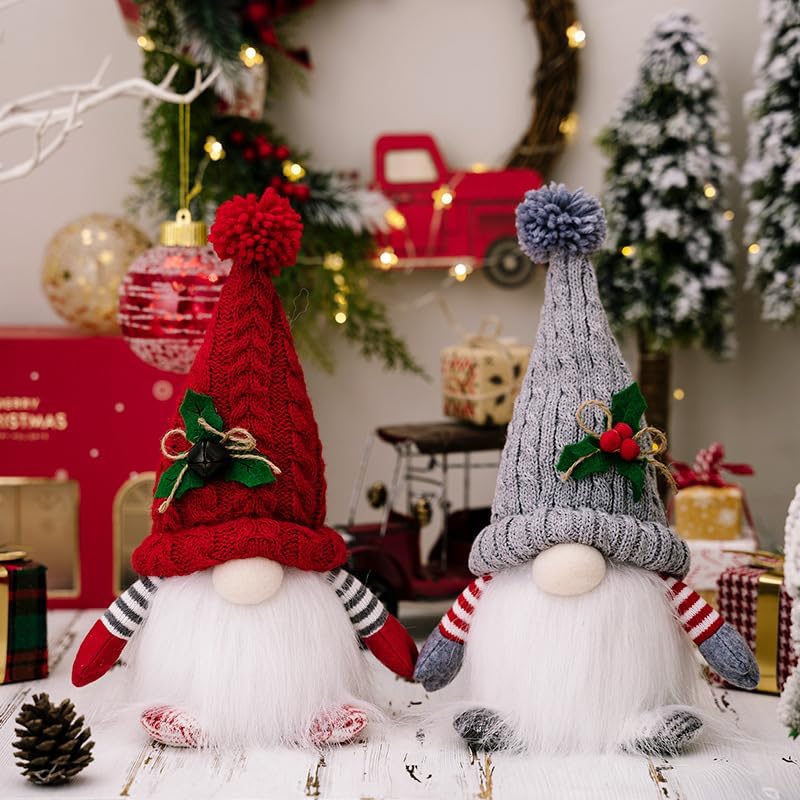 Skiennix Lighted Christmas Gnome Ornaments - LED Battery Operated Decorations | 2-Pack Set (Red & Grey)