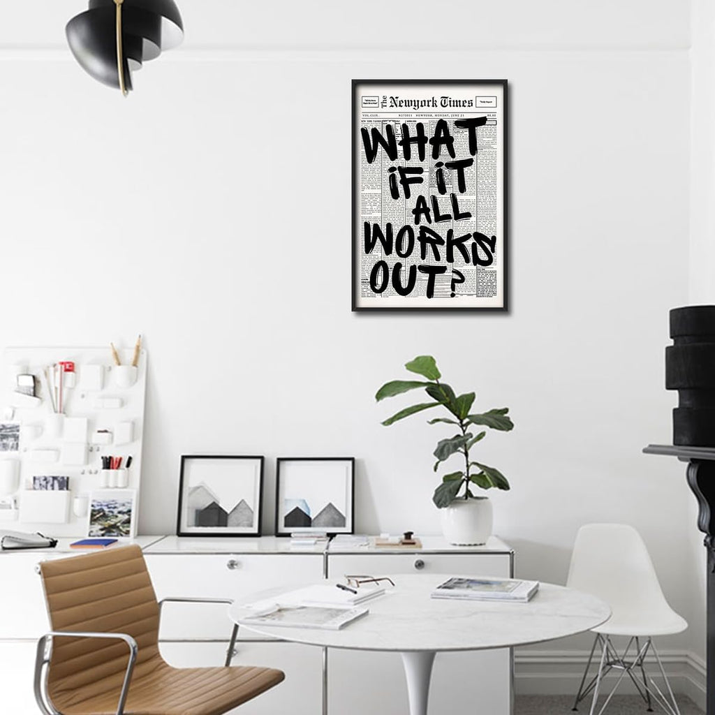 Skiennix Trendy Black and White Framed Wall Art | "What If It All Works Out" Poster for Preppy Dorm Decor