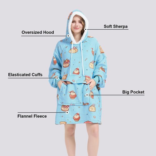 Qeils Wearable Blanket Hoodie for Women, Comfy Sherpa Sweatshirt Blanket as Birthday Christmas Gifts, Oversized Pullover Jacket Blanket Hoodie for Adult (Desserts, Adult)