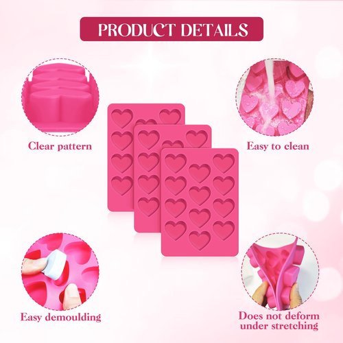 Feehope 3Pcs Heart Molds Silicone, Premium Heart Silicone Mold for Baking, Chocolate, Non-stick Silicone Heart Mold for Cakes Candies Soap